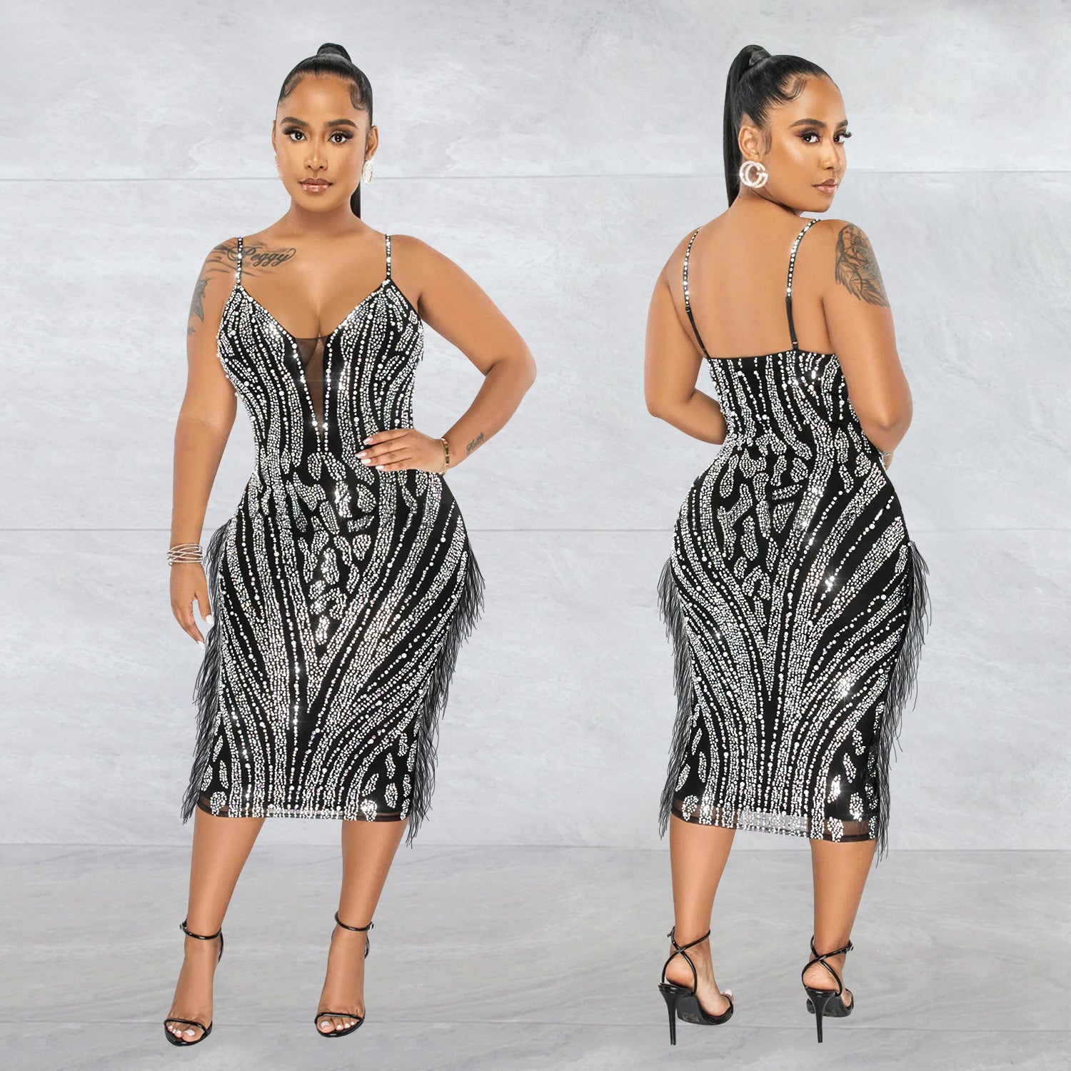 Women's Fashion Solid Color Camisole Sleeveless Mesh Beaded Maxi Dress