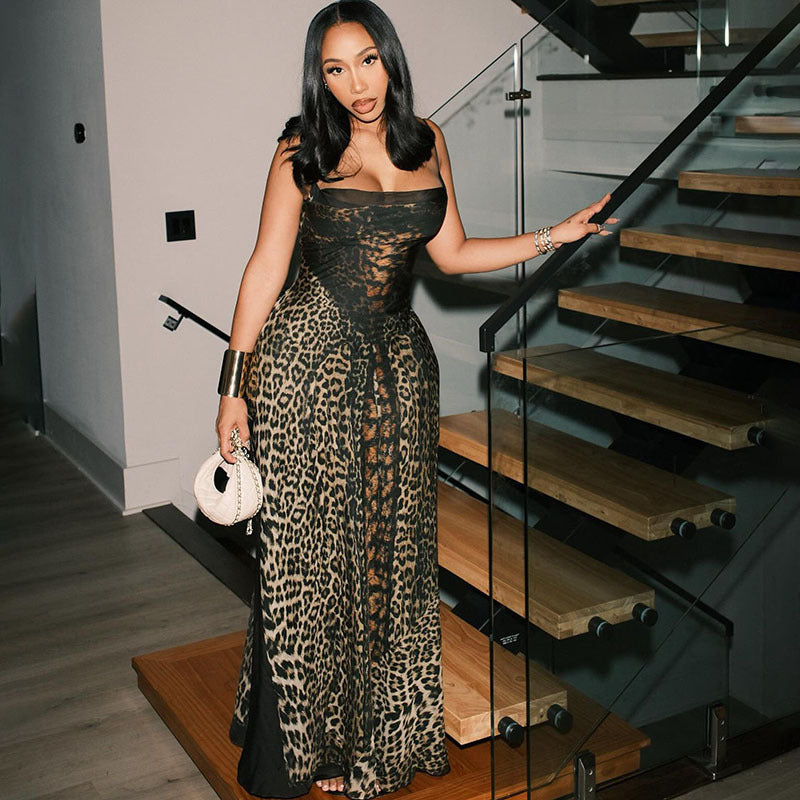 Summer fashion sexy leopard print high waist slim Strap Dress