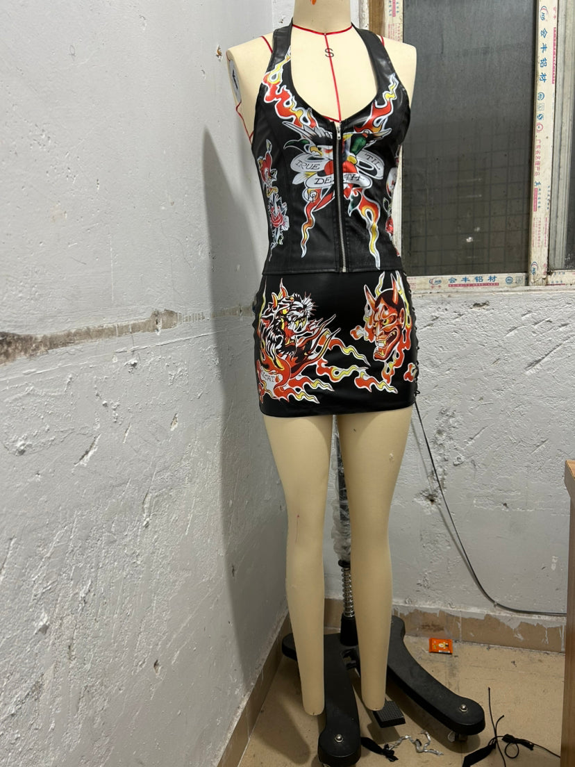 Fashion Pu Leather Halter Neck Sexy Lace-Up Printed Tight Fitting Two-Piece Skirt Set 8