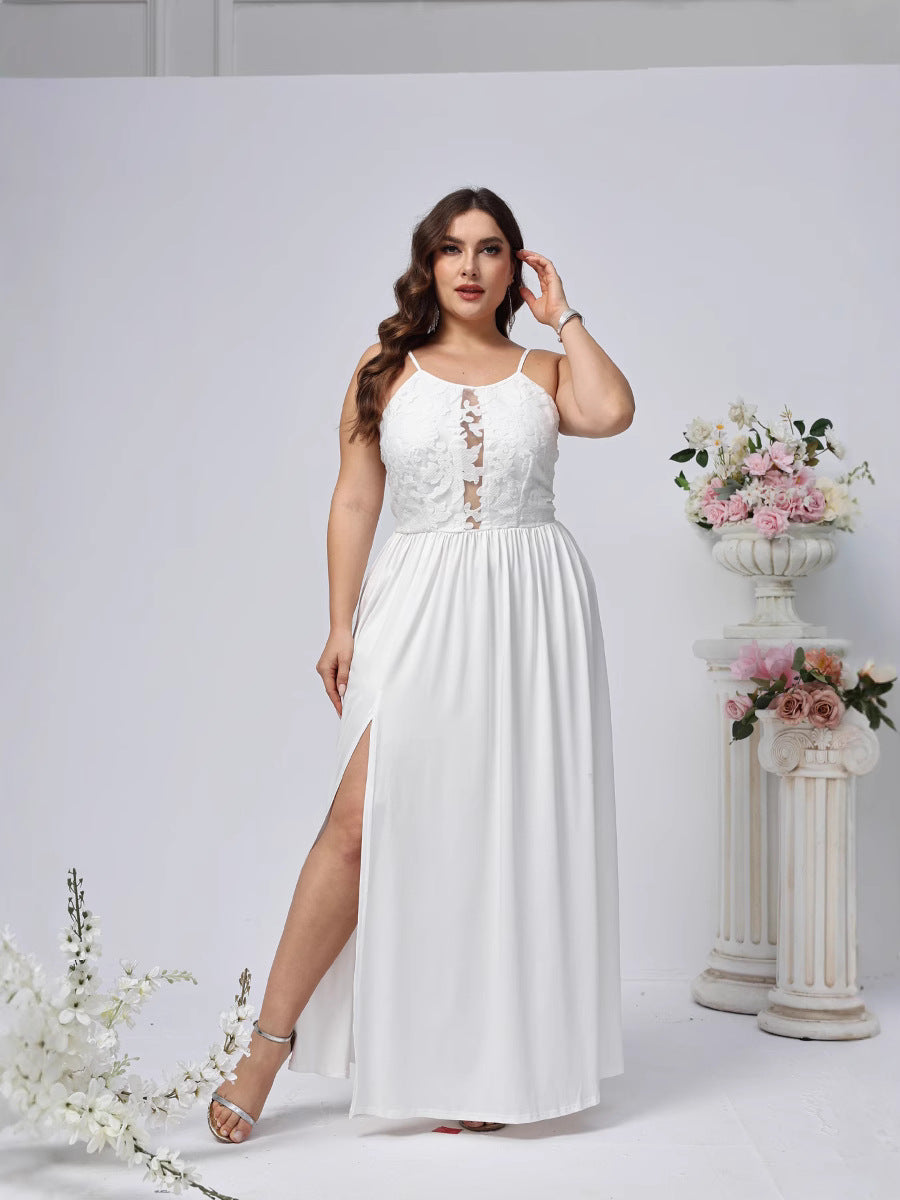 Plus Size Women Solid Sling Backless Slit Dress 7