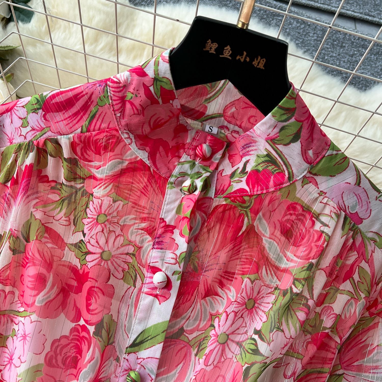 Printed Stand Collar Long-Sleeve Slim Waist Belt Chiffon Maxi Dress 15