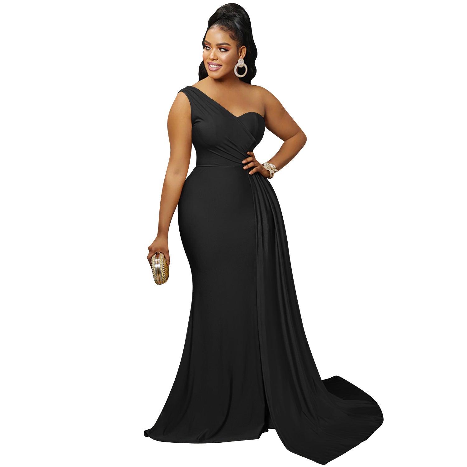 Women Fashion Solid Party One Shoulder Sleeve Dress Long Dress 13