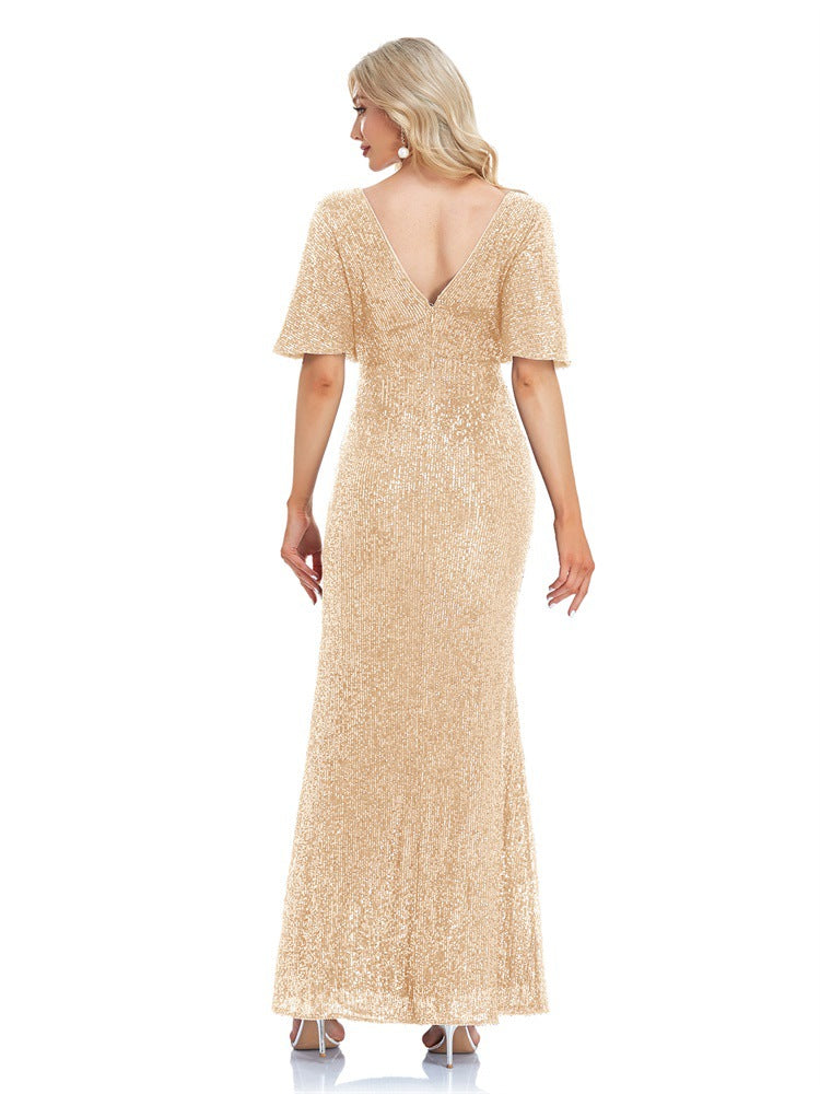 Women short sleeve v-neck fishtail formal party evening dress 7