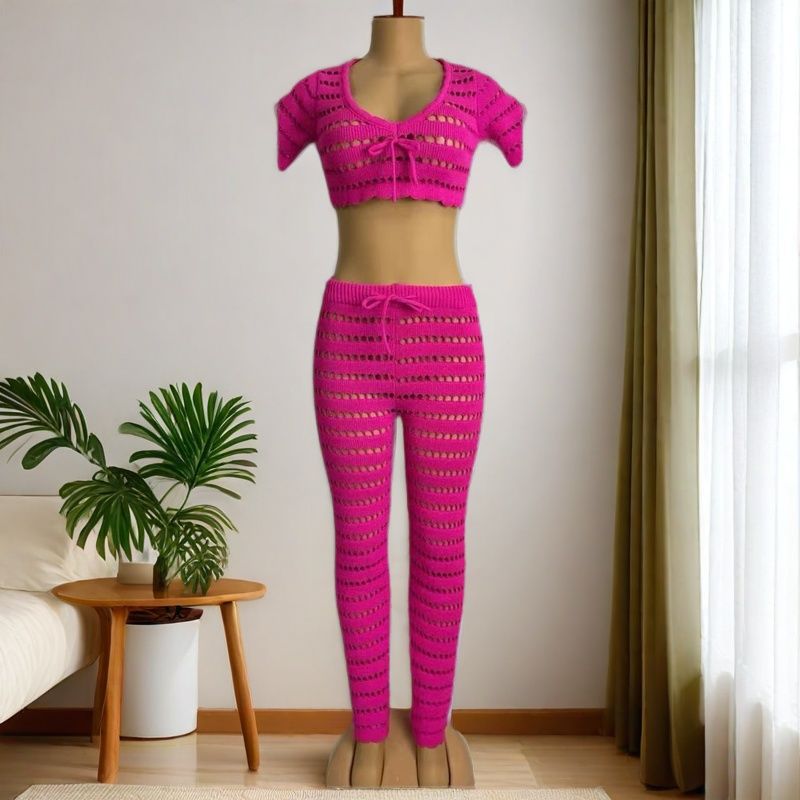 Women summer round neck casual sleeveless knitting top and pant two-piece set 3