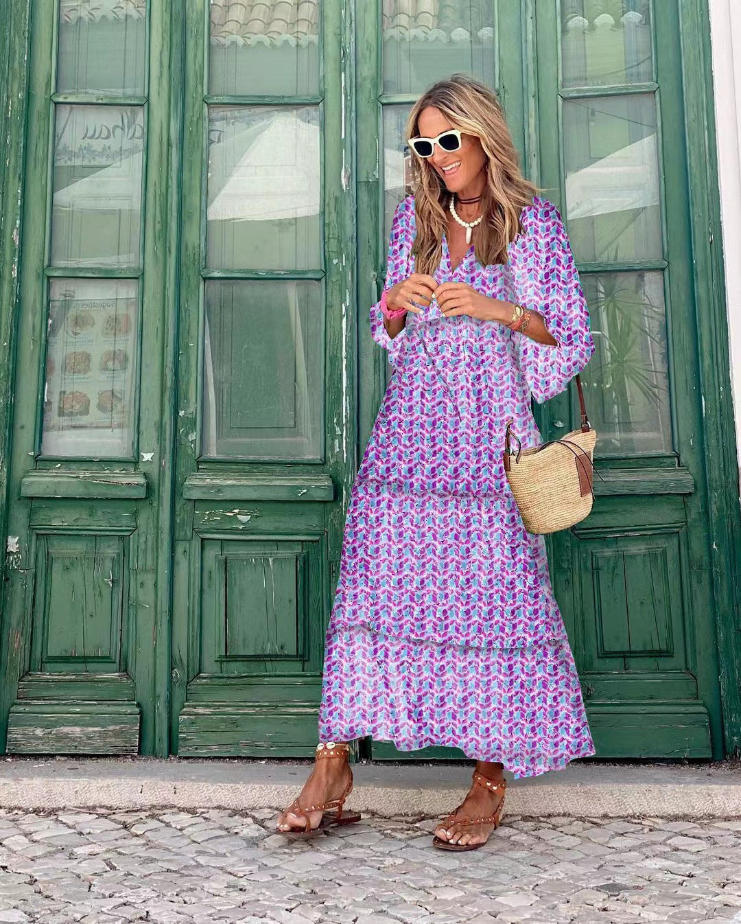 Women Summer Geometric Patch Puff Sleeve Dress 33