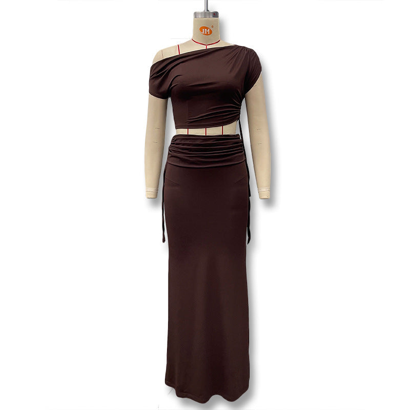 Women's Fashion Slash Shoulder Sexy Crop Top & Slit Skirt Set 7