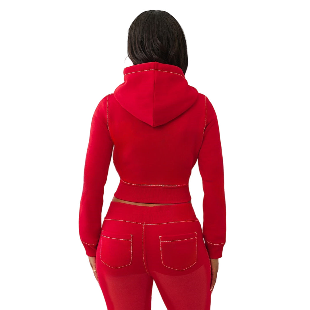 Women Casual Solid Hooded Top and Pants Two-Piece Set 3