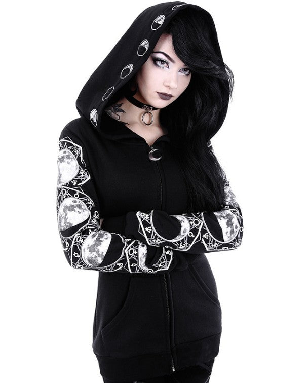 Women Black Punk Peng Hooded Moon Print Long Sleeve Top 3