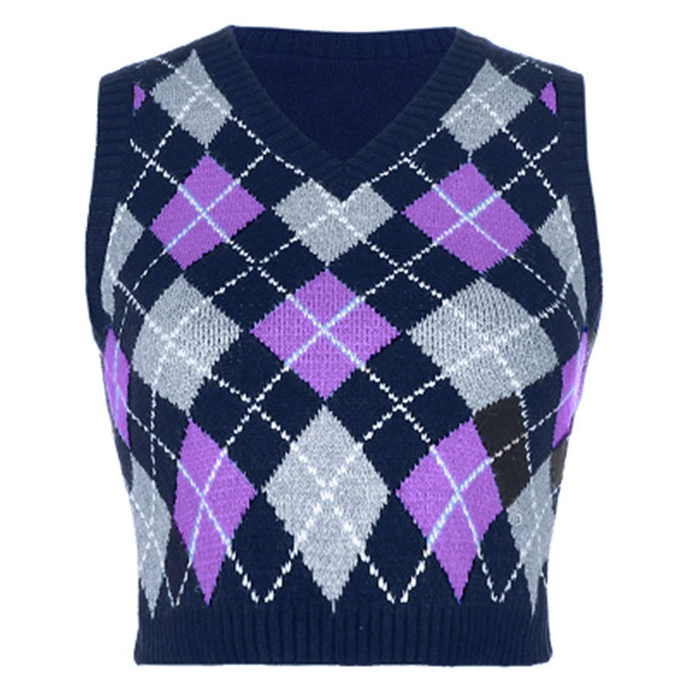 Women Solid Plaid Sleeveless V-Neck Sweater 30