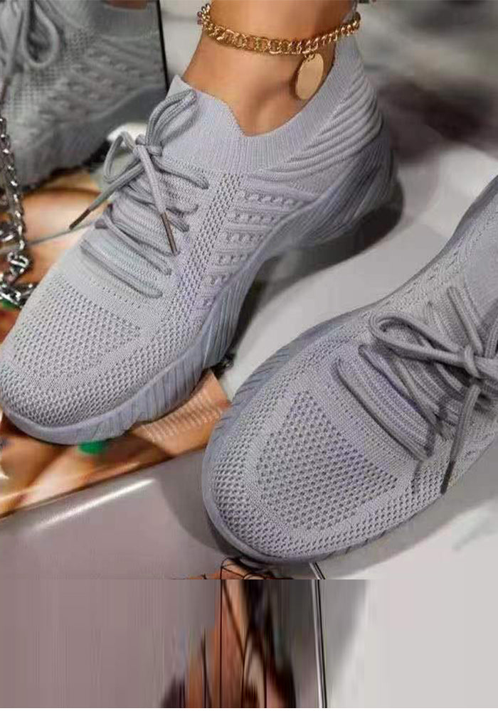 Large size sports shoes women's thick-soled solid color lace-up flying woven slip-on old shoes wish cross-border