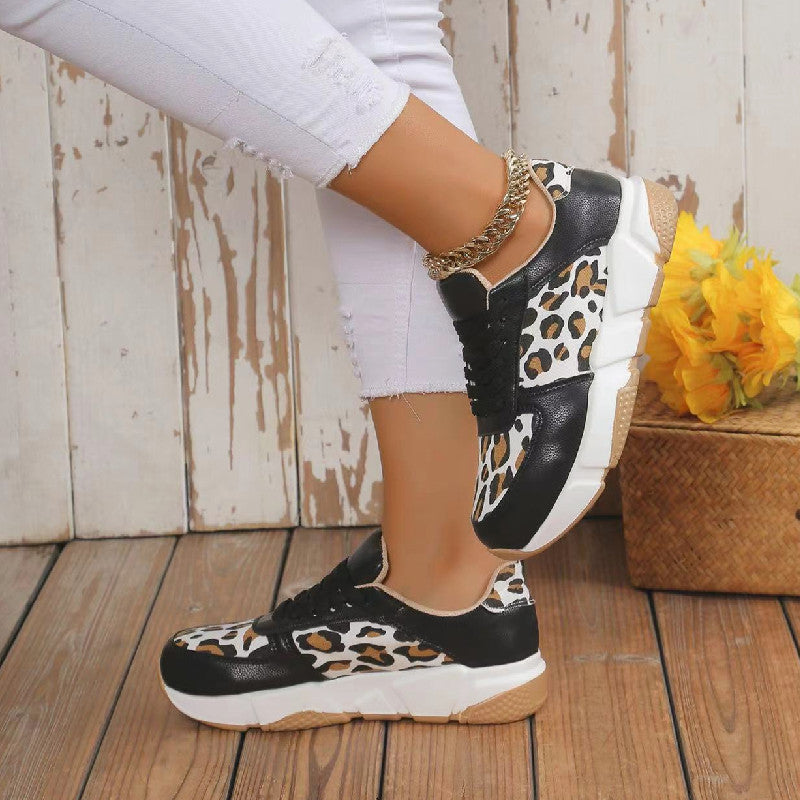 Women's Autumn And Winter Thick Bottom Round Toe Lace Leopard Print Casual Shoes Plus Size Sports Shoes 6