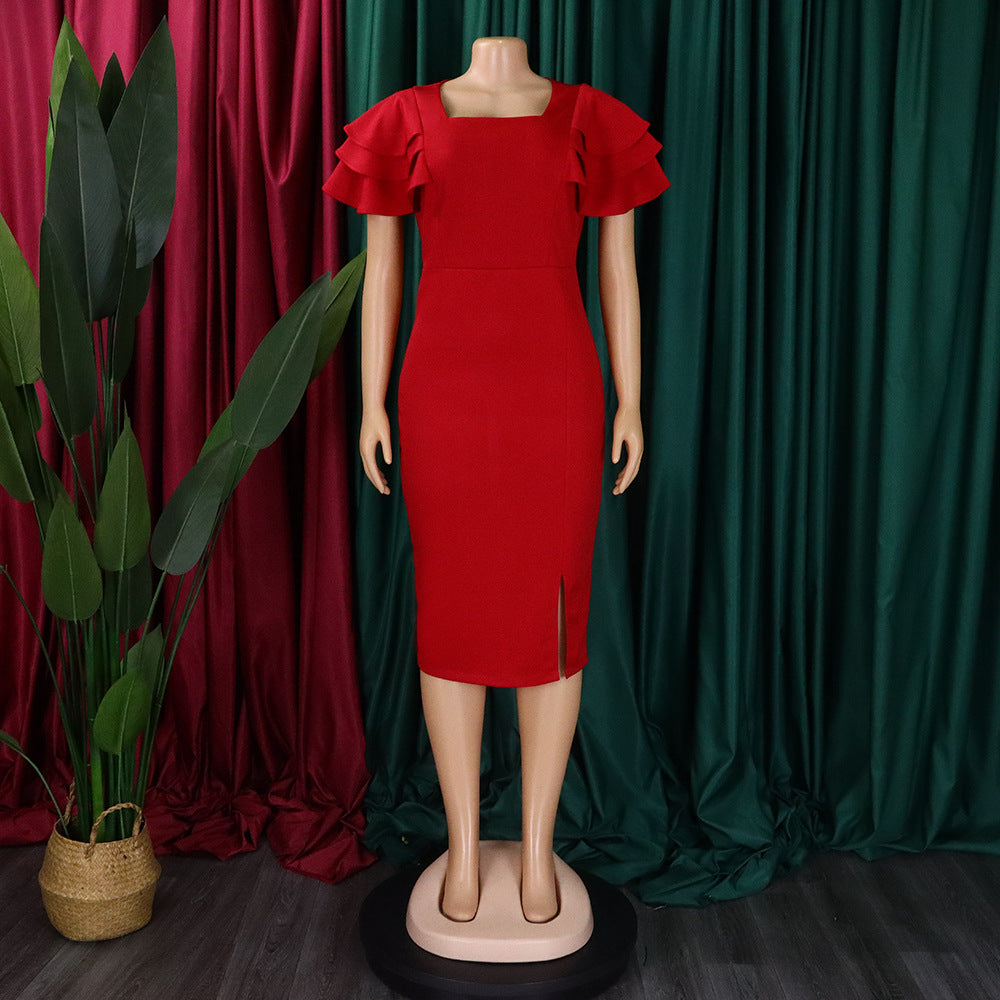 Women's Summer Chic Career Square Neck Short Sleeve Sexy Bodycon African Dress 10