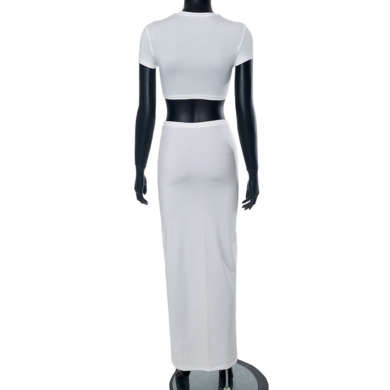 Women's Spring Solid Short Sleeve Crop Two Piece Skirt Set 43
