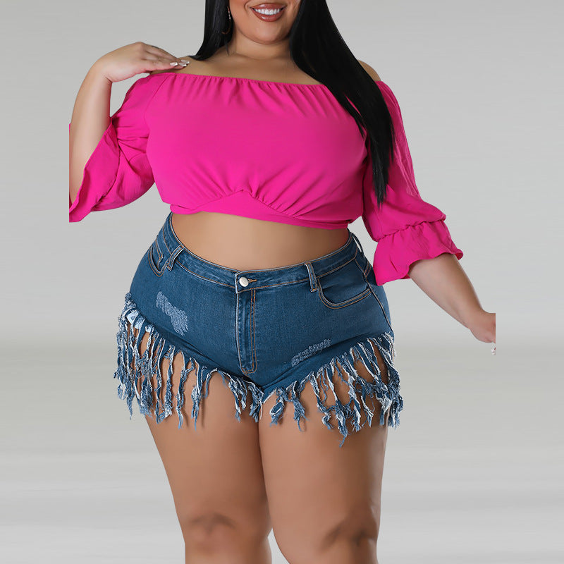 Plus Size Women's Denim Fringed Shorts 4