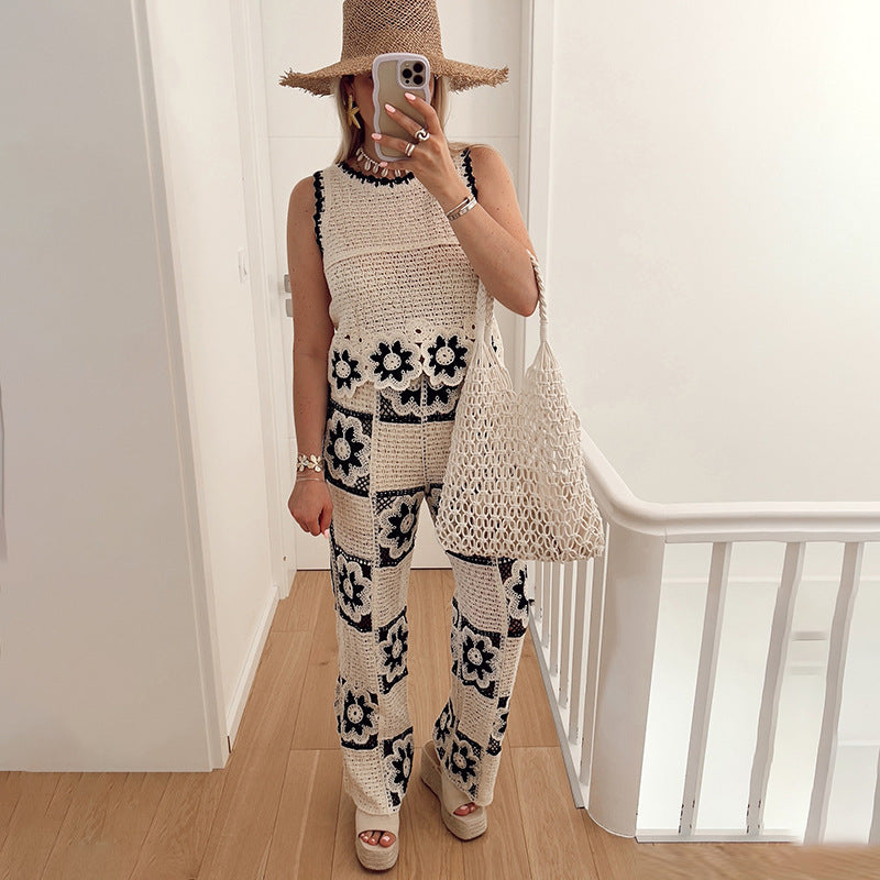 Women Spring Summer Crochet Hollow Flower Round Neck Sleeveless Knitting Top and Square Wide Leg Pants Two-piece Set