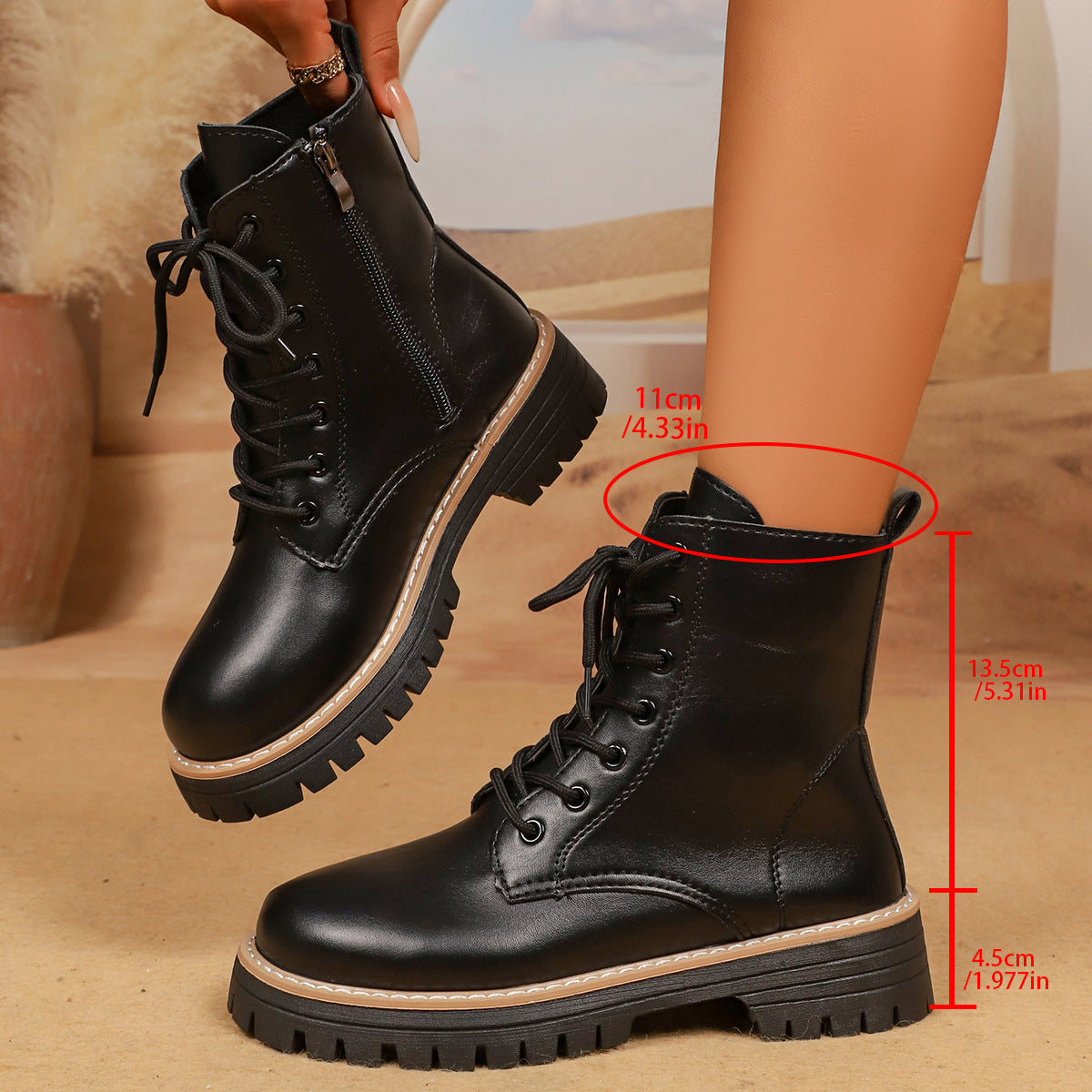 Women's Platform Martin Boots Autumn Winter Front Lace-Up Black Plus Size Height-Increasing Leather Boots 5