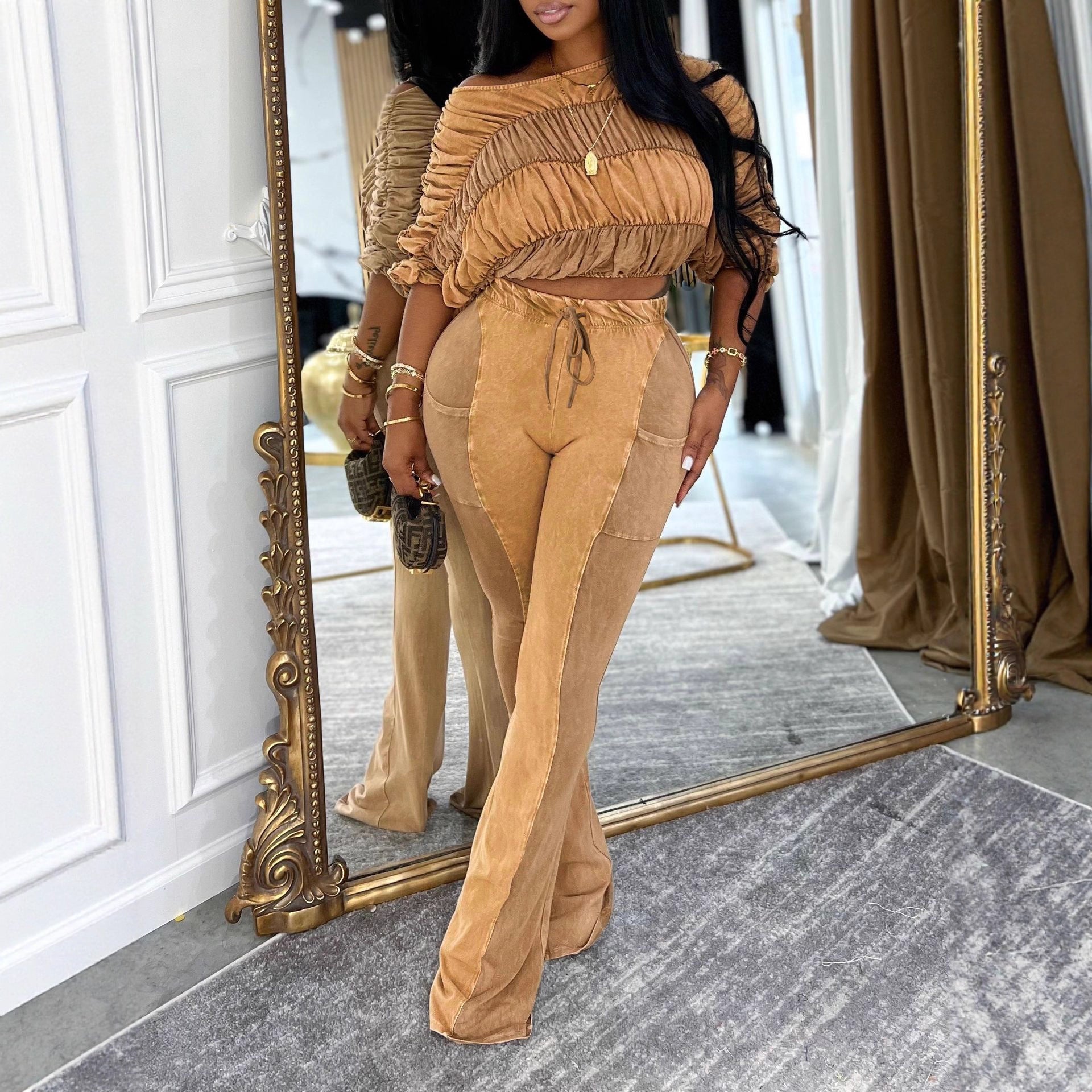 Women's Contrast Color Slim Stretch Top and Washed Long Pants Two-Piece Set 5