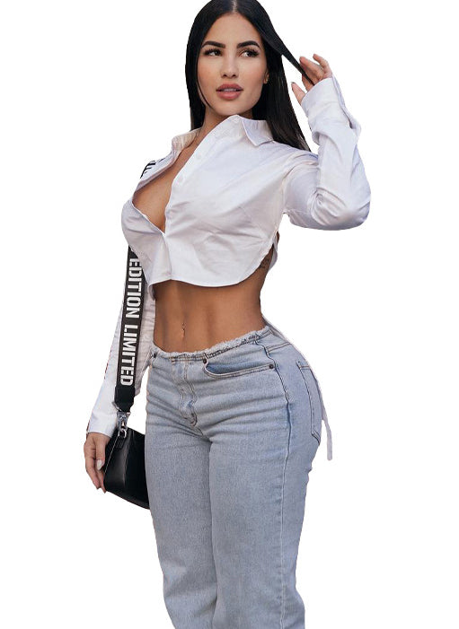 Autumn solid color Turndown Collar long-sleeved crop Slim Waist shirt 6