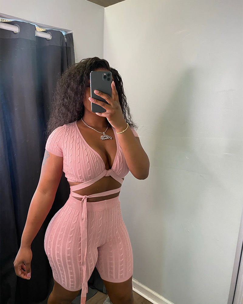 Women's Solid Color Lace-Up Tight Fitting Ribbed Sexy Two Piece Shorts Set 5