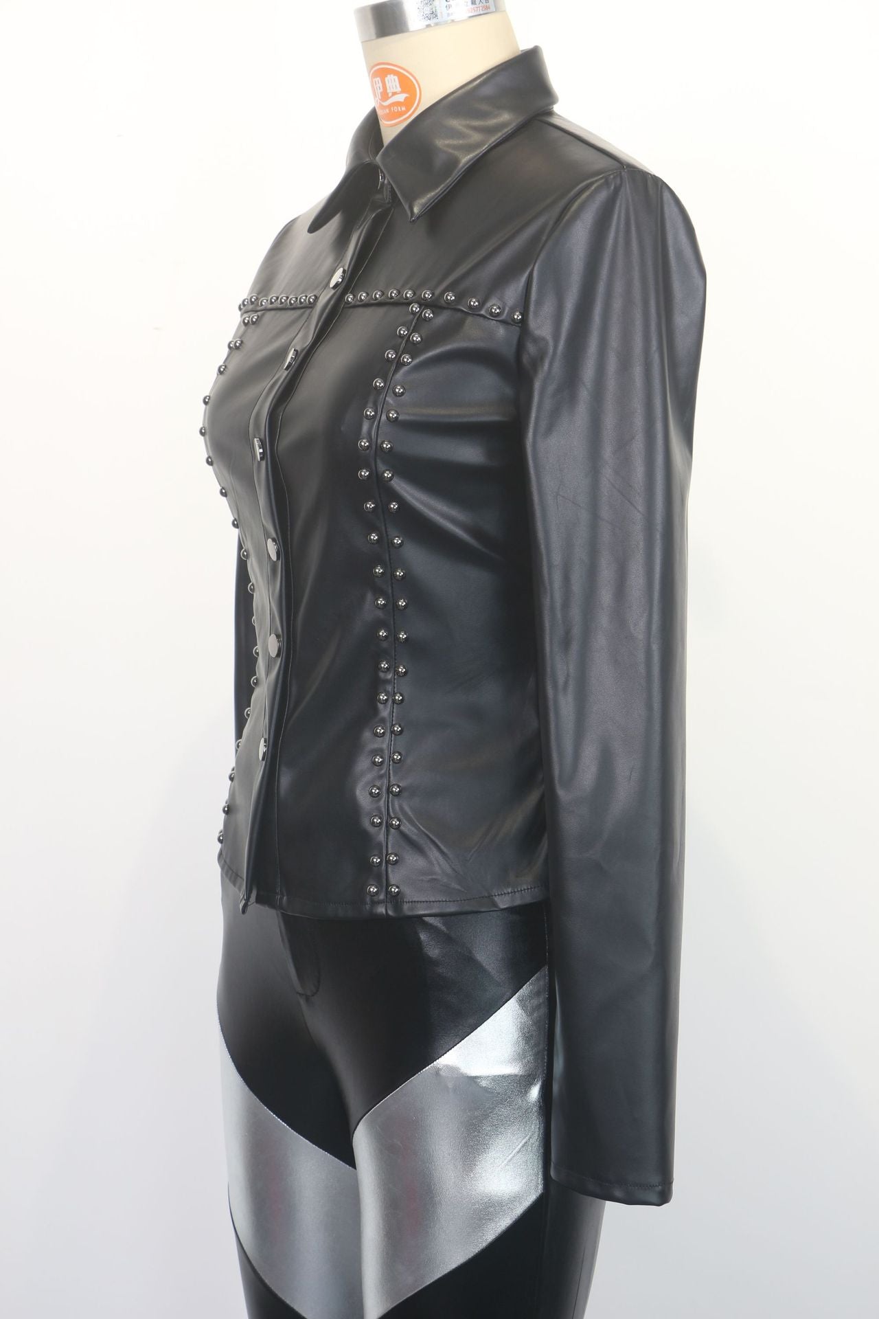 Fashionable Beaded Turndown Collar Slim Waist Long-Sleeved Leather Shirt Top Women's Clothing 7