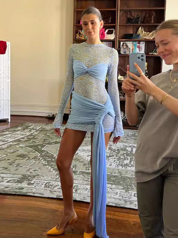 Women Sexy Round Neck Lace Patchwork Long Sleeve Dress 4