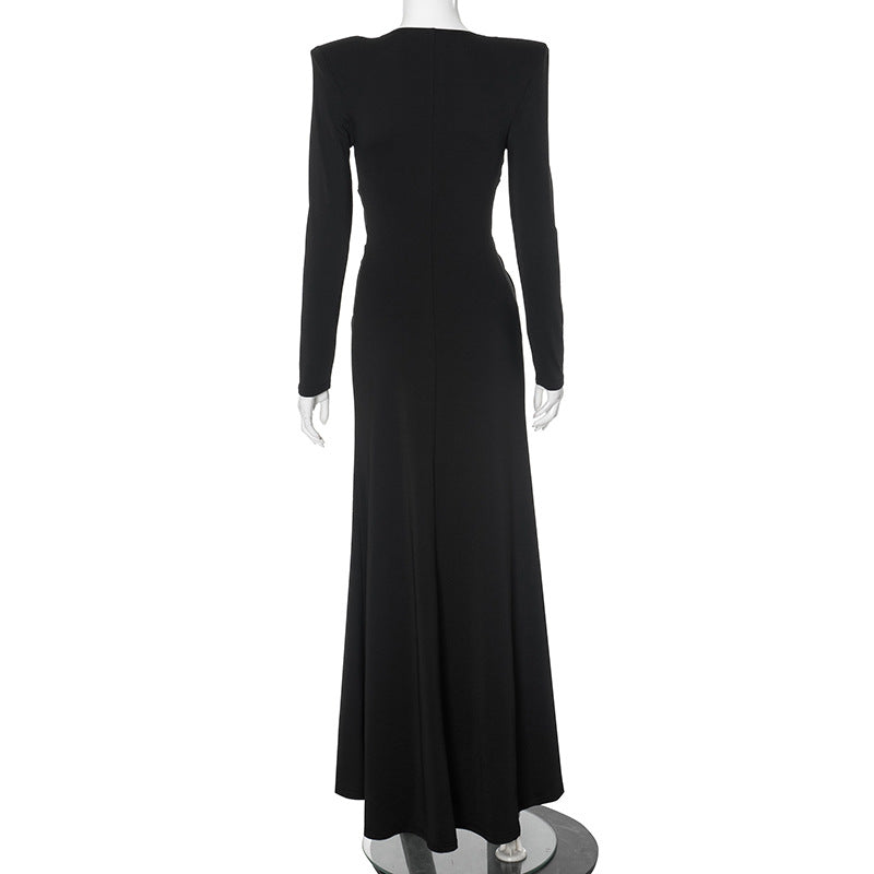 Women V Neck Shoulder Pad Long Sleeve Slit Sexy Maxi Dress 8