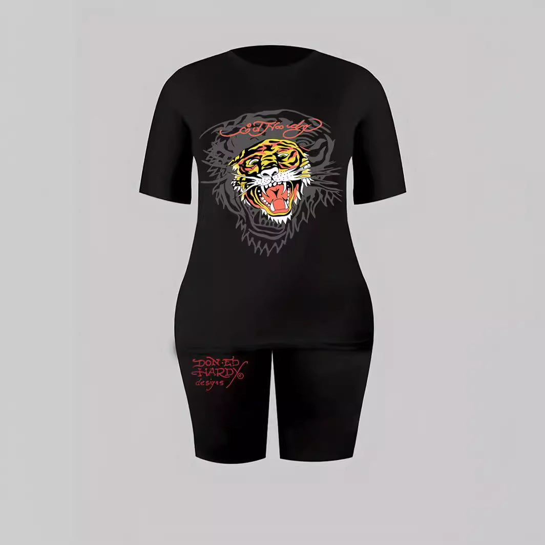 Women Print Letter Short Sleeve Round Neck Top And Shorts Sports Two-piece Set 5