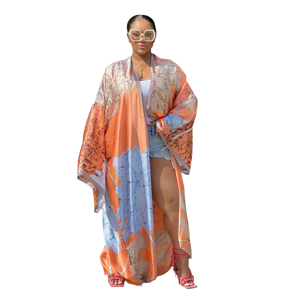 Women Printed Loose Casual Kimono Long Sleeve Robe 7