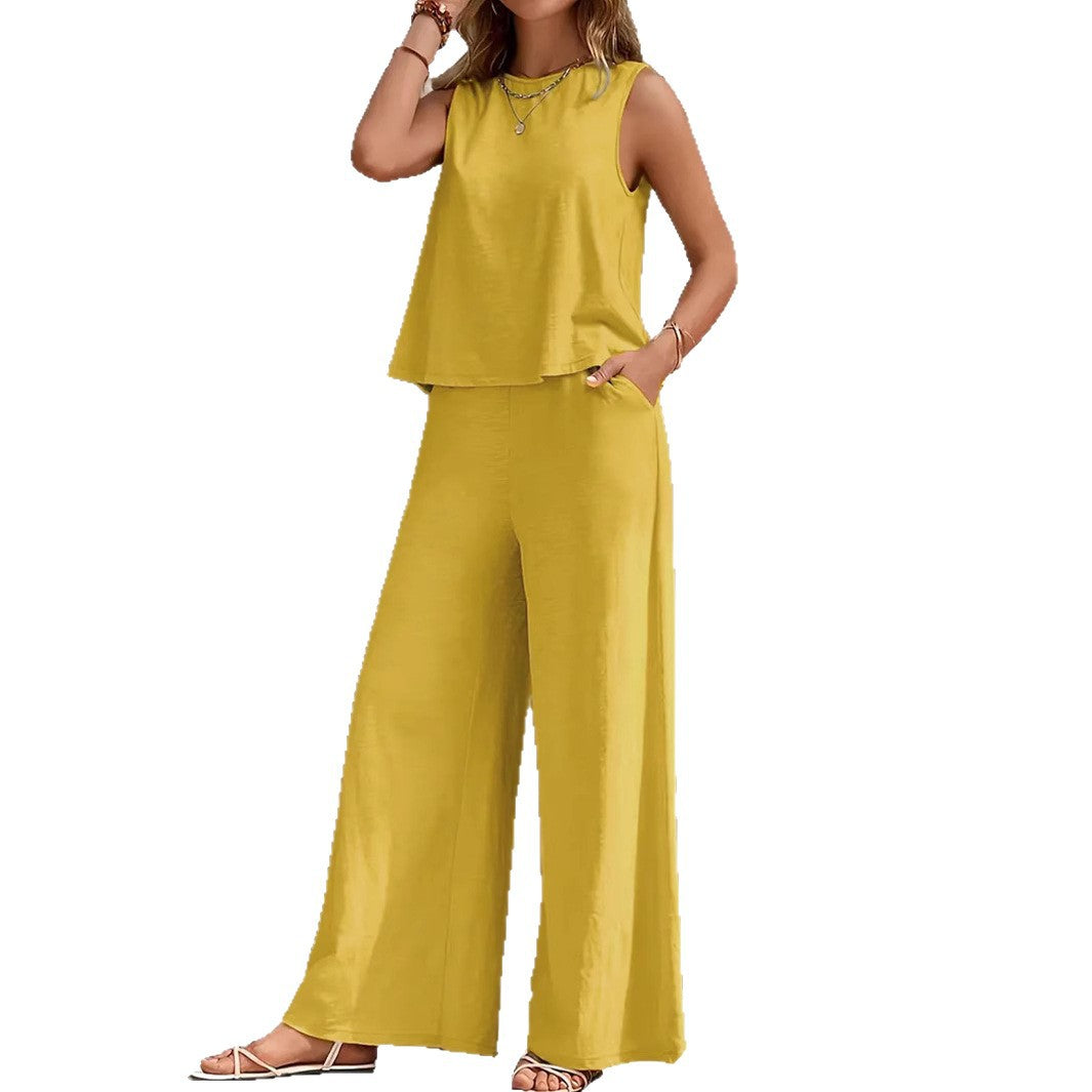 Plus Size Women Summer Casual Sleeveless Vest + Wide-leg Pants Two-piece Set 6