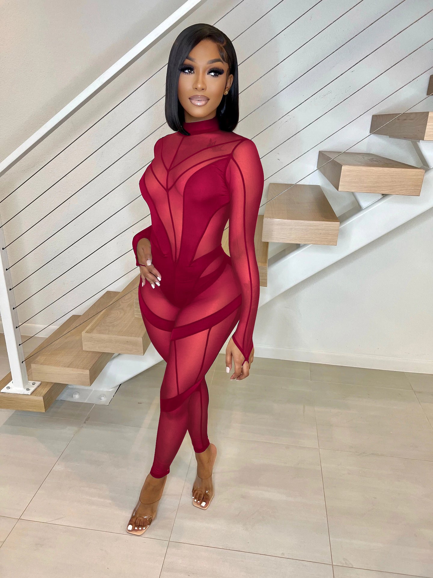 Women'S Mid Neck Sexy Long Sleeve See-Through Mesh Patchwork Jumpsuit 5