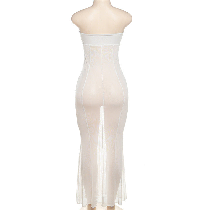 Women Off Shoulder Hollow Sexy See-Through Mesh Dress 19