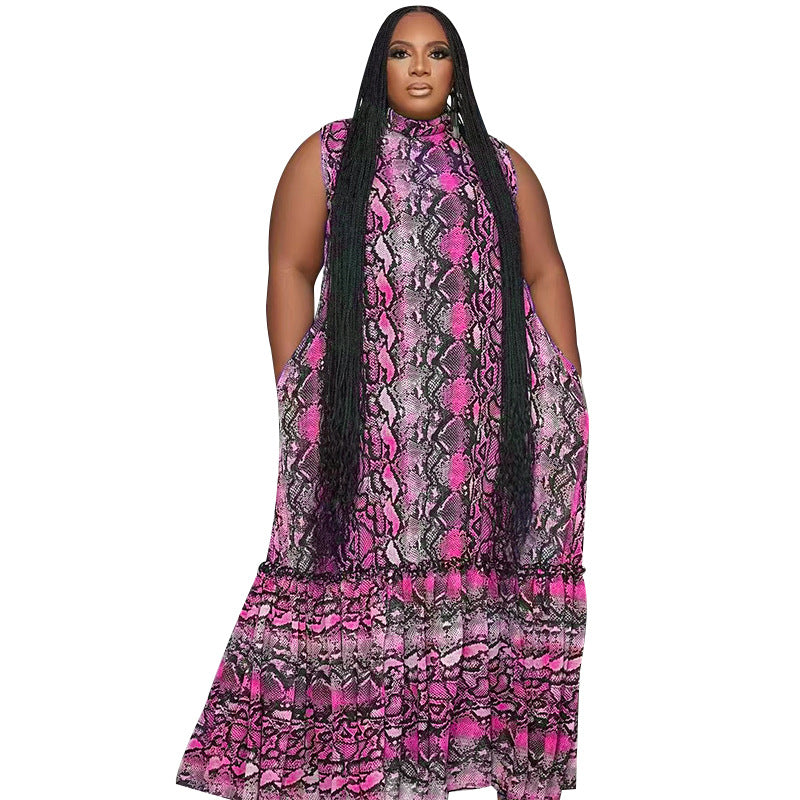 Summer Stand Collar Sleeveless Print Plus Size Women's Stylish Loose Long Dress 13
