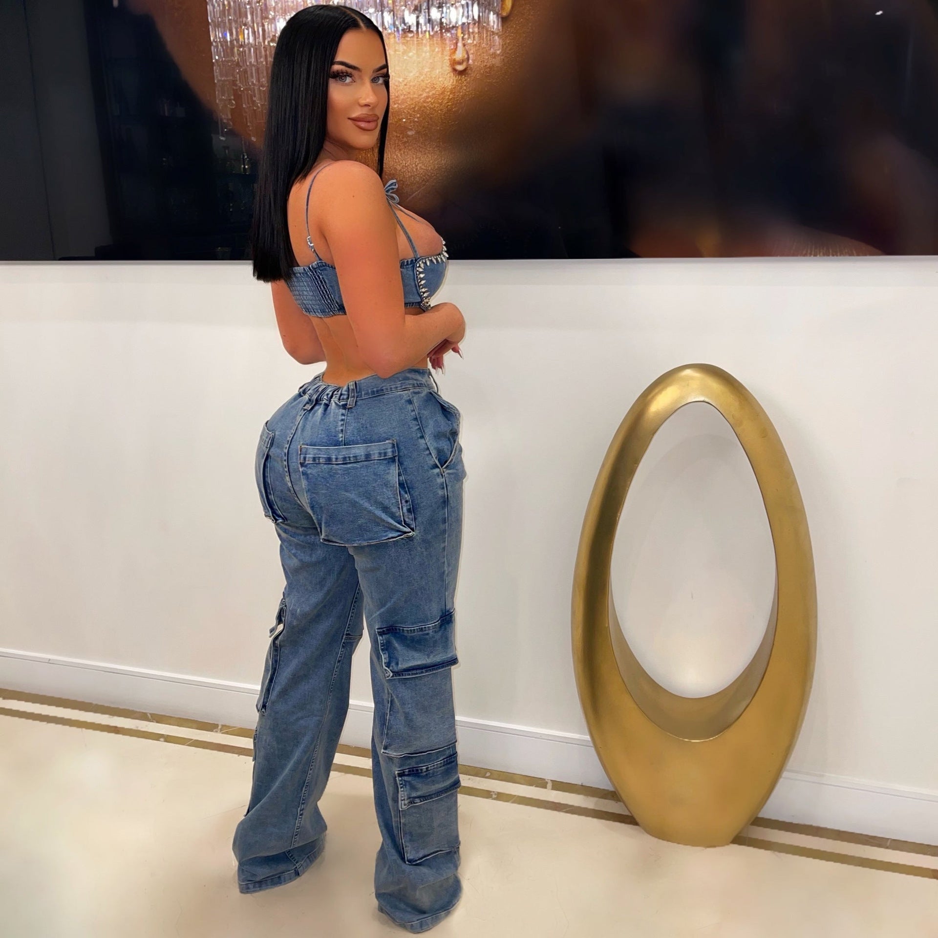 Cargo Pouch Zipper Casual Elastic Waist Denim Pants 4