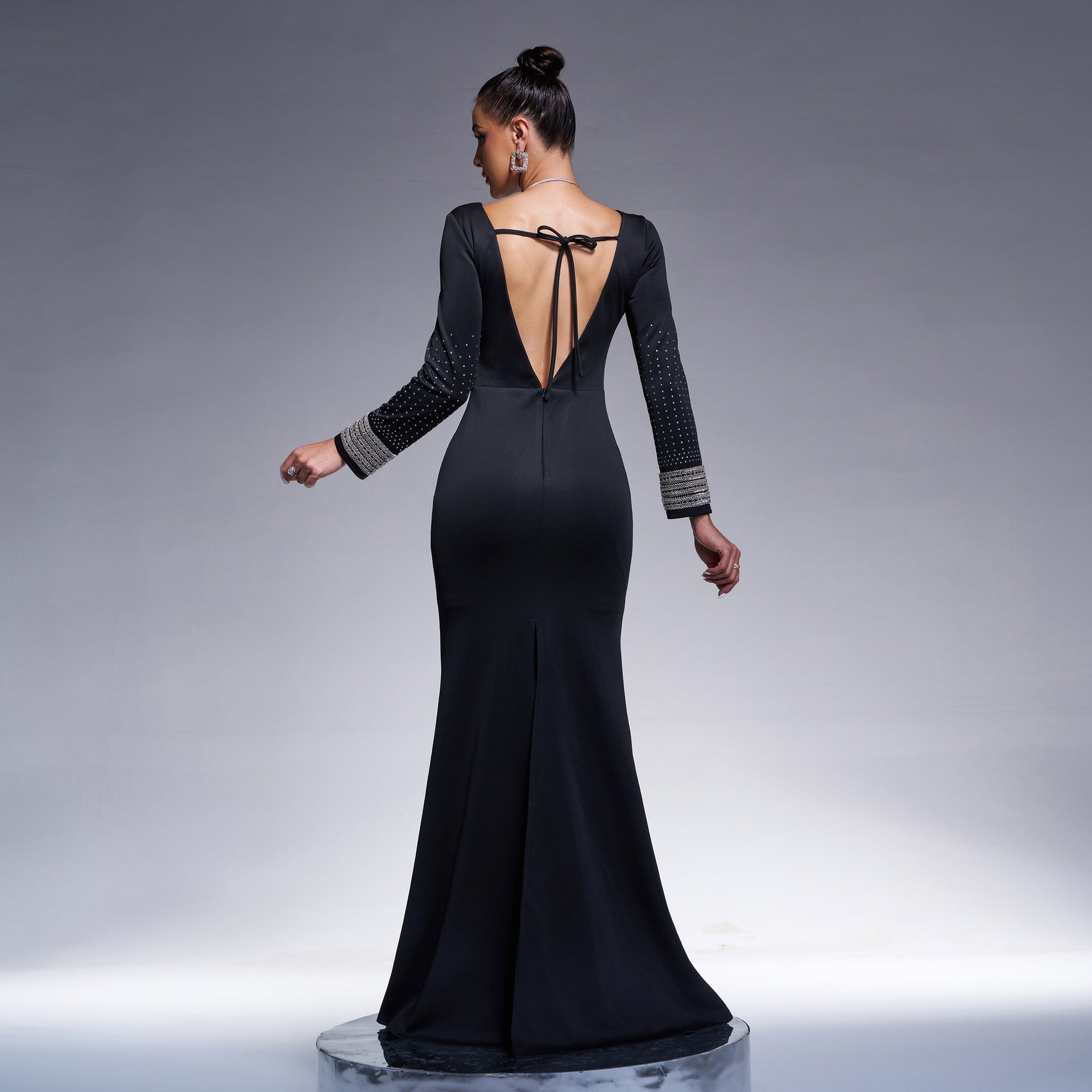Women Round Neck Long Sleeve Beaded Formal Party Bodycon Evening Dress 4