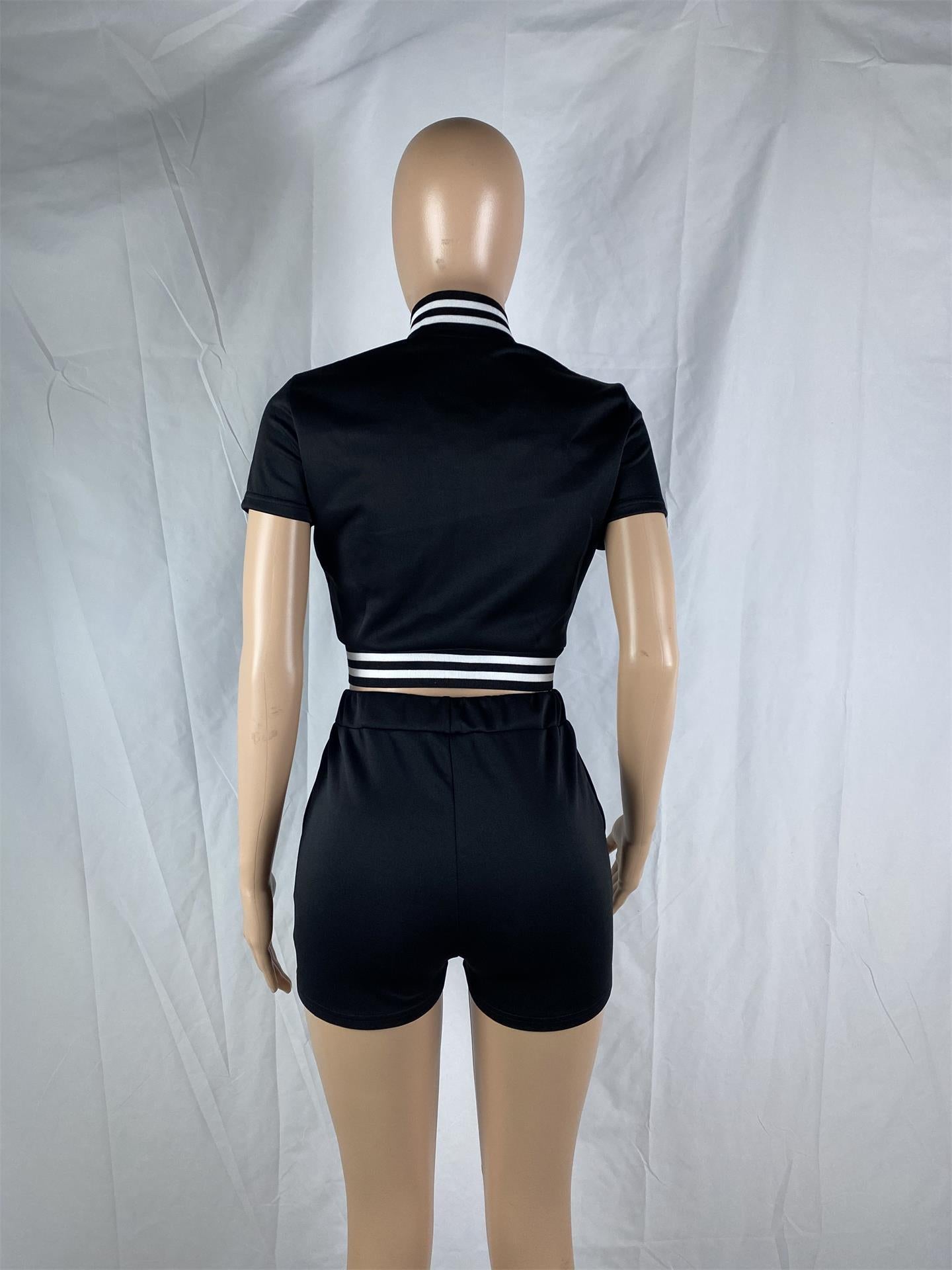 Women's Letter Print Ribbed Baseball Jacket Shorts Two Piece Set 18