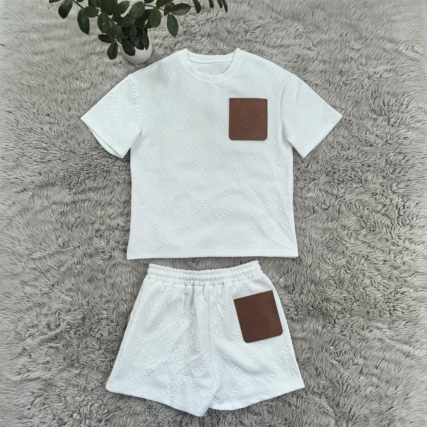 Women's Fashion Casual Leather Pocket Jacquard Short Sleeve Sport Shorts Set 4