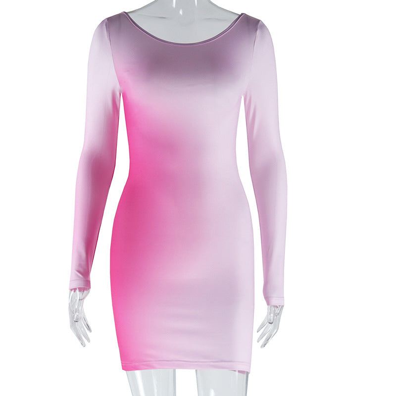 Sexy Round Neck Gradient Print Long Sleeve Slim Bodycon Women Dress 7