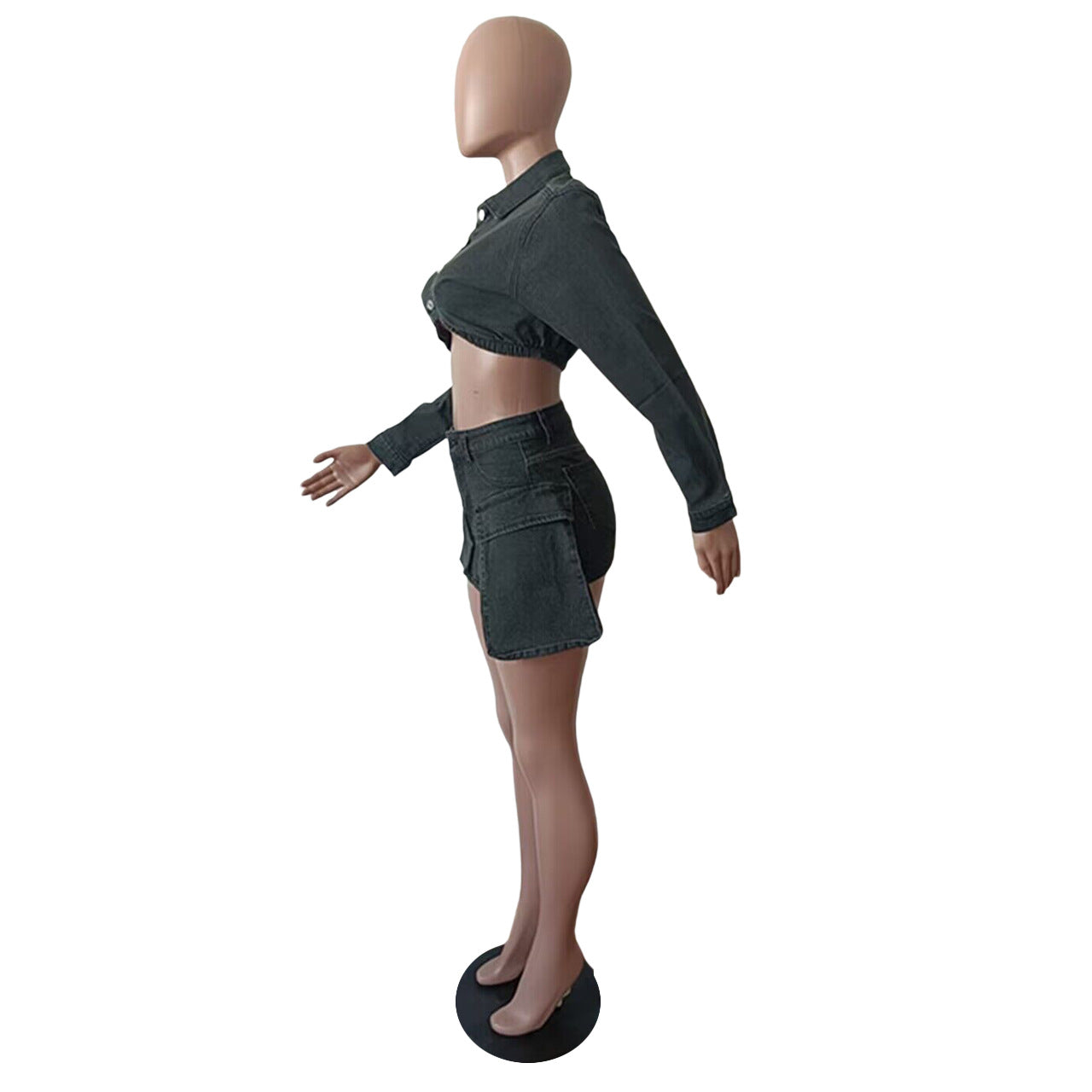 WomenStretch Sexy Denim Long Sleeve Top and Casual Pocket Dress Two Piece Set 10