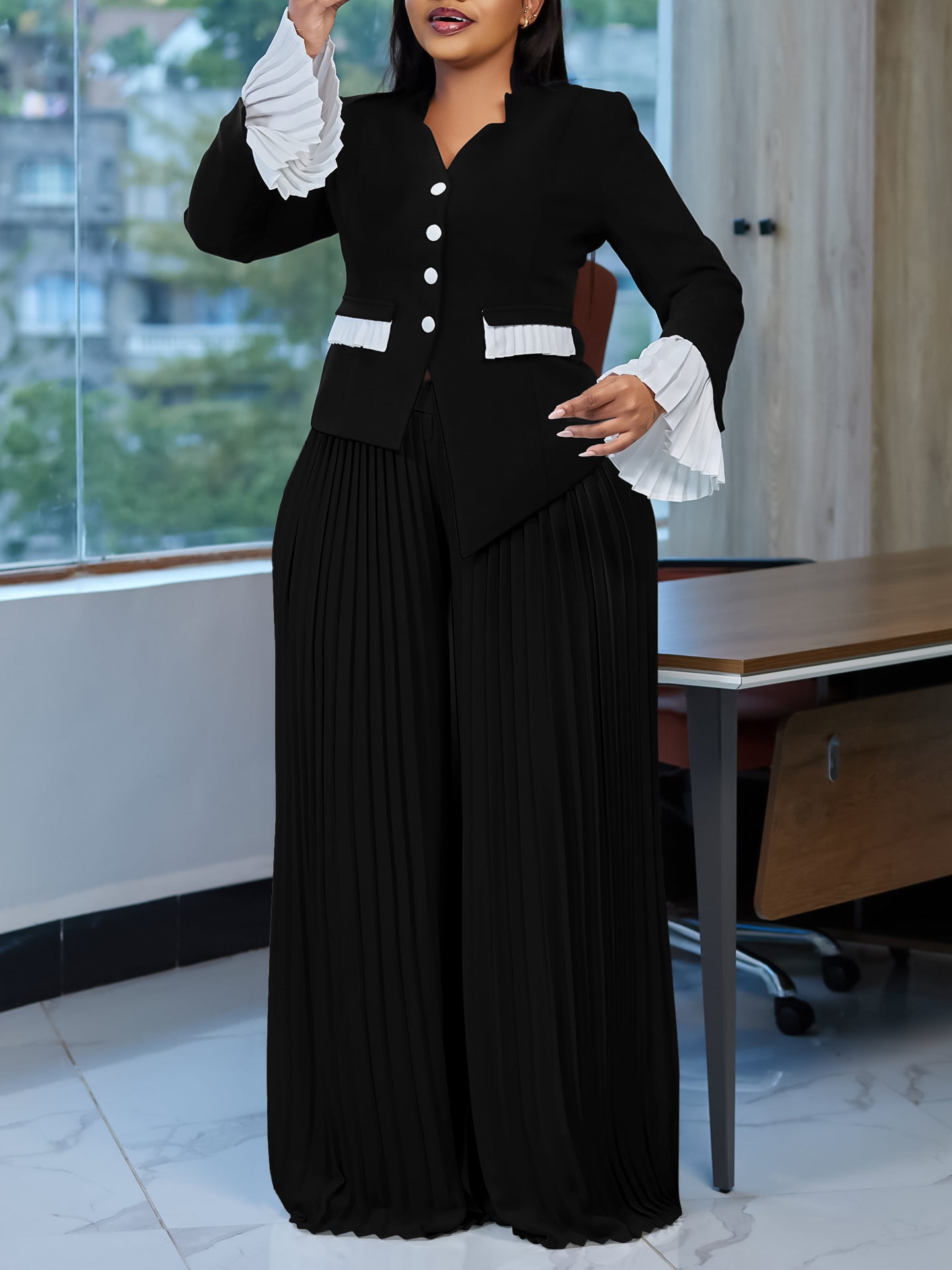 Plus Size Summer Fashion Bell Sleeve Top Pleated Wide-Leg Pants Two-Piece Set
