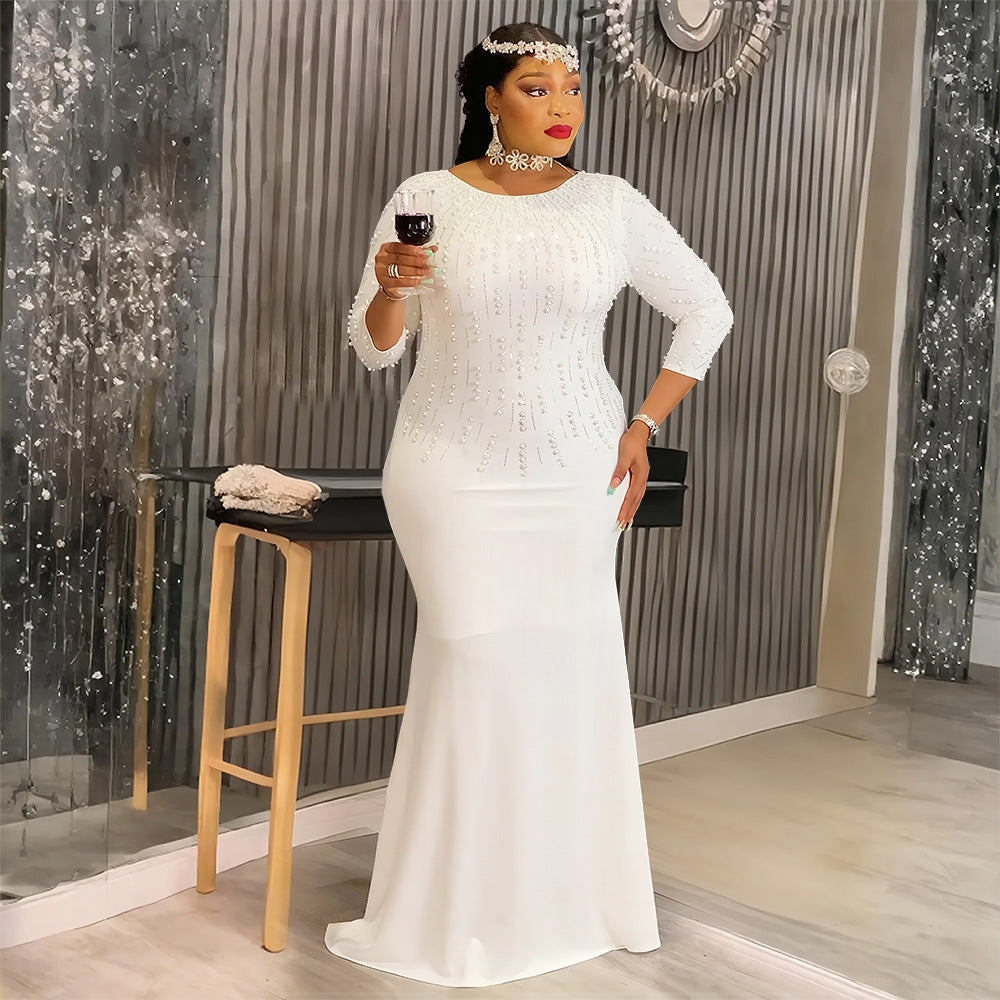 African Plus Size Women's Fashion Beaded Gown Solid Color Dress