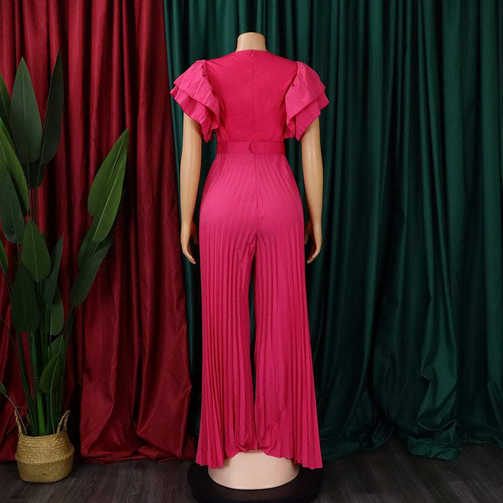 Belted Plus Size Women'smesh See-Through Sexy Pleated Wide Leg Slim Waist Jumpsuit 10