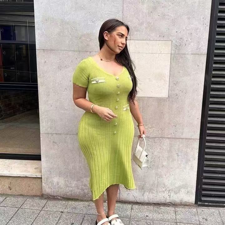 Women summer v-neck contrast short-sleeved elegant knitting dress