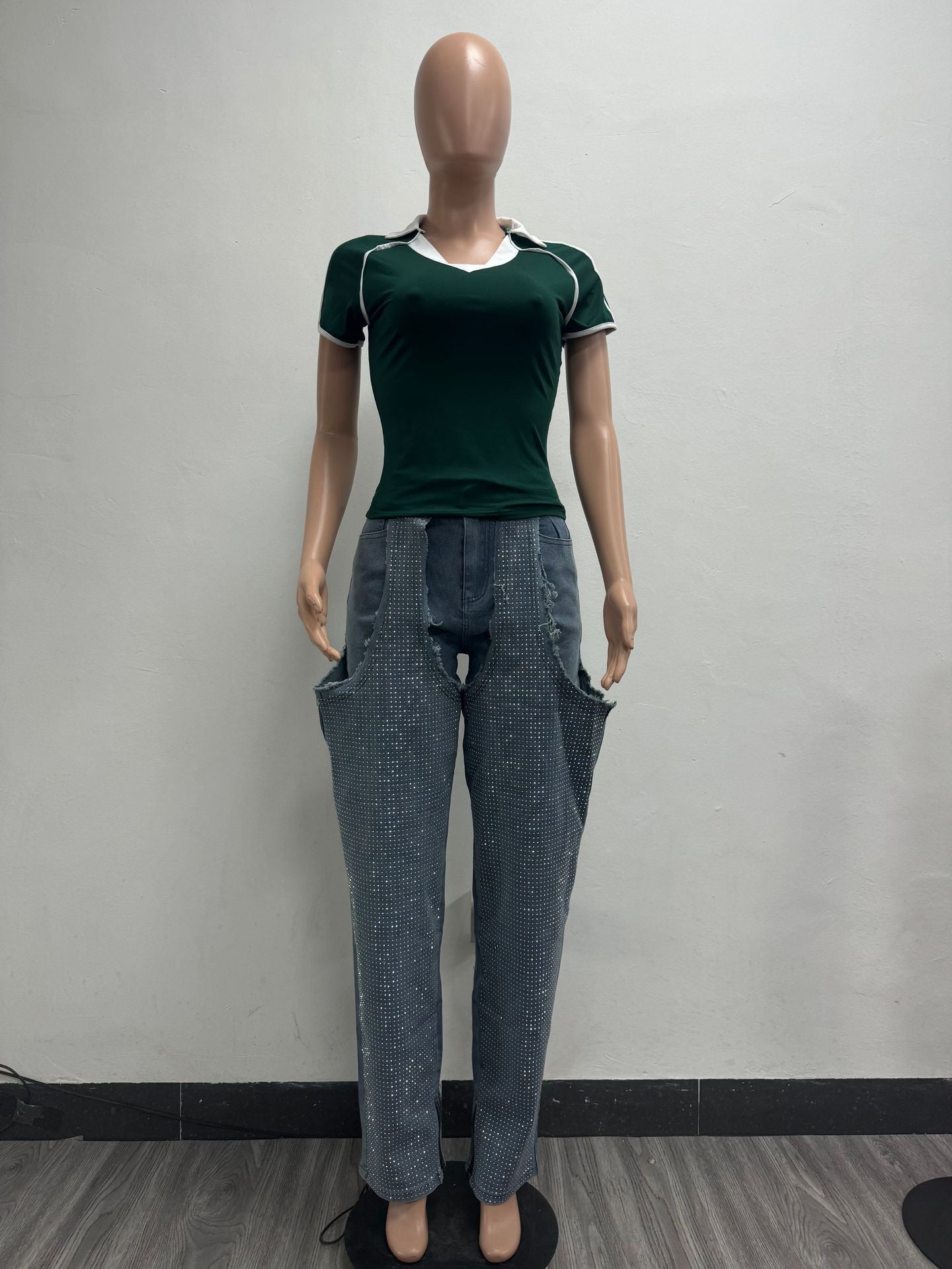 Fashion Irregular hollow Patchwork zipper Beaded elastic Denim pants 6