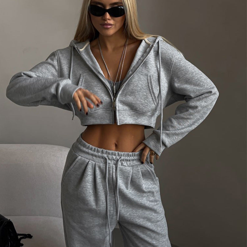 Autumn Women's Casual Solid Color Short Open Waist Hooded Top Drawstring Sweatpants Two Piece Set 7