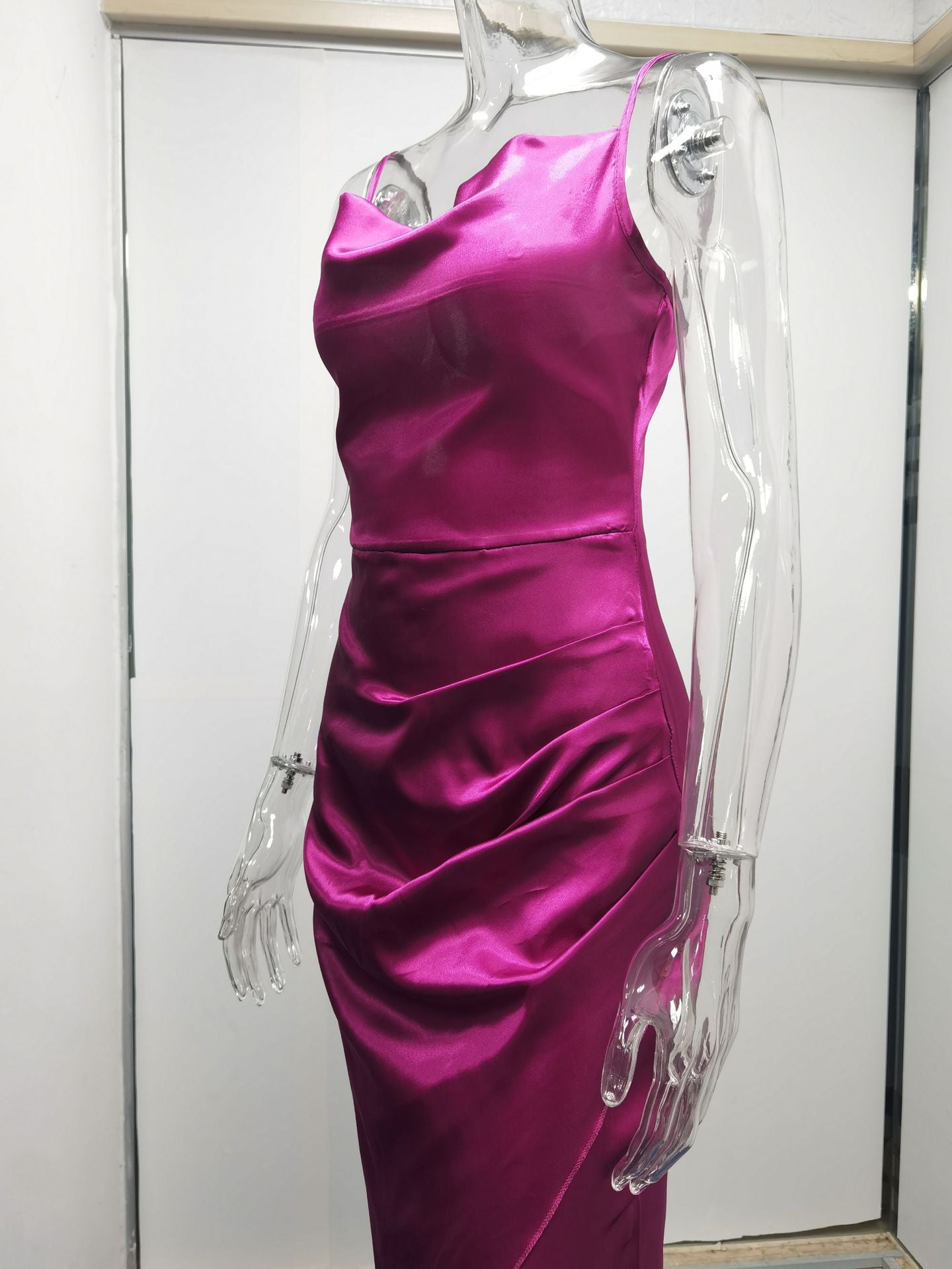 Sexy Low Cut Satin Slit Strap Dress Slim Fit Low Back Maxi Dress 43