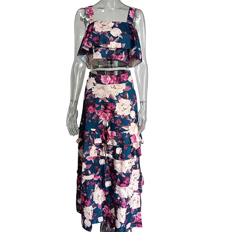 Women Beach Edge Holidays Printed Suspender Top Cascading Ruffles Skirt Two-Piece Set 8