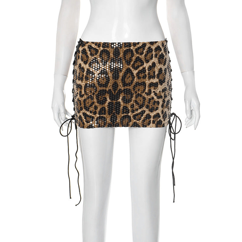 Women's spring and summer leopard print sequin low waist hollow slit Lace-Up skirt 4