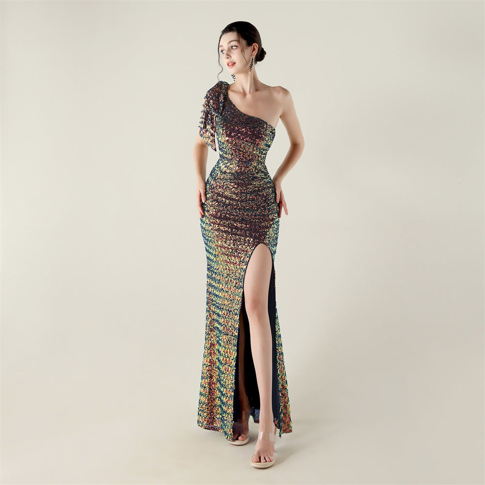 Plus Size Women clothing one-shoulder nail flower beaded evening dress 12