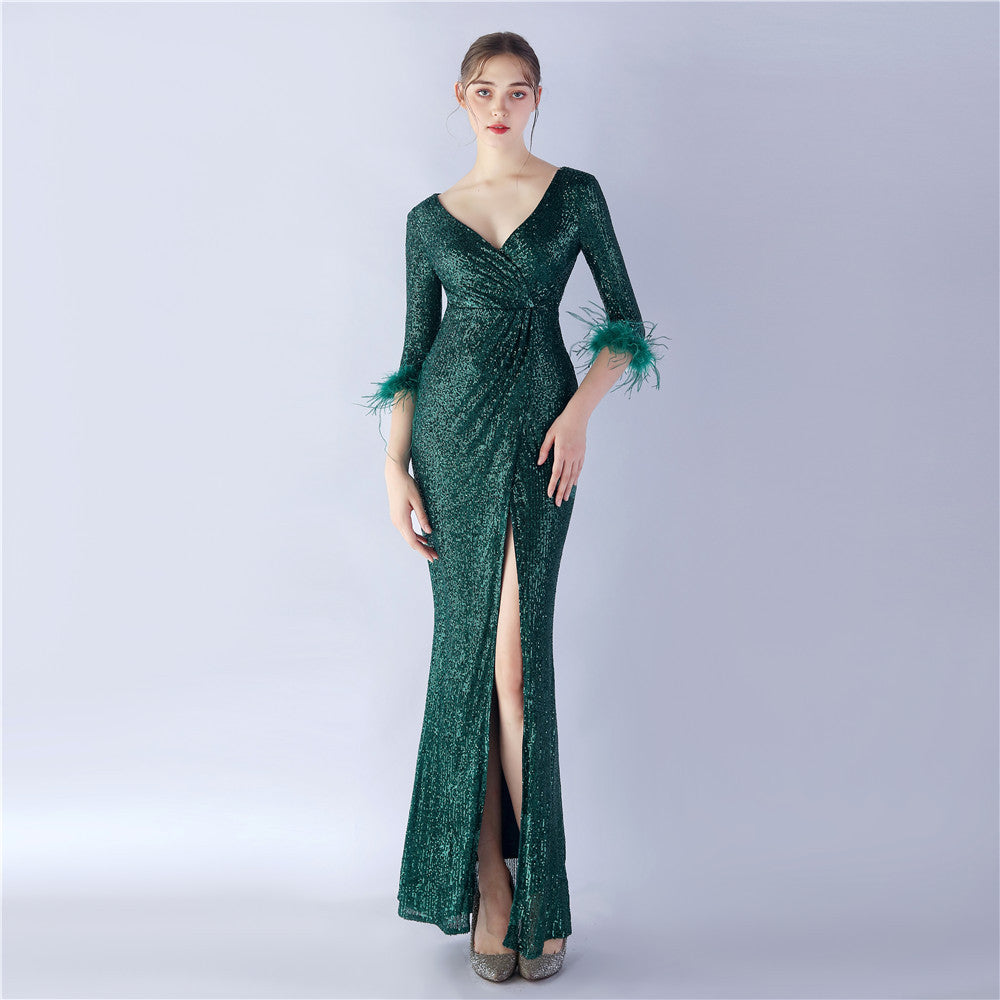 Sexy Feather Sequined Long-Sleeved Evening Dress 3