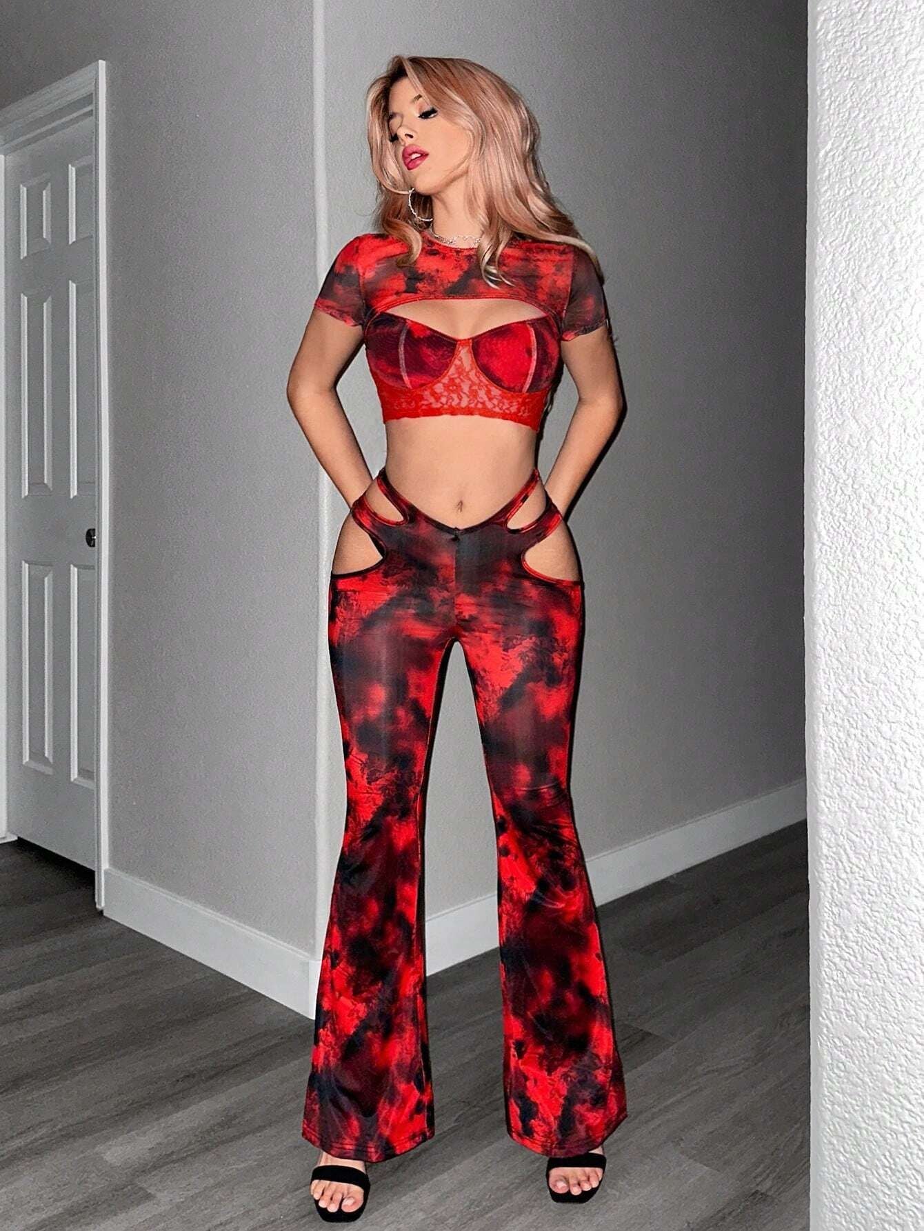 Women Tie-Dye Sexy Hollow Cross Pants Bell Bottom Pants 7